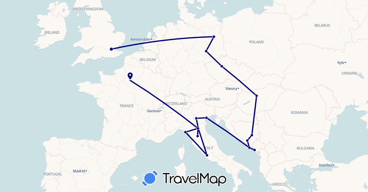 TravelMap itinerary: driving in Bosnia and Herzegovina, Czech Republic, Germany, France, United Kingdom, Croatia, Hungary, Italy, Montenegro (Europe)